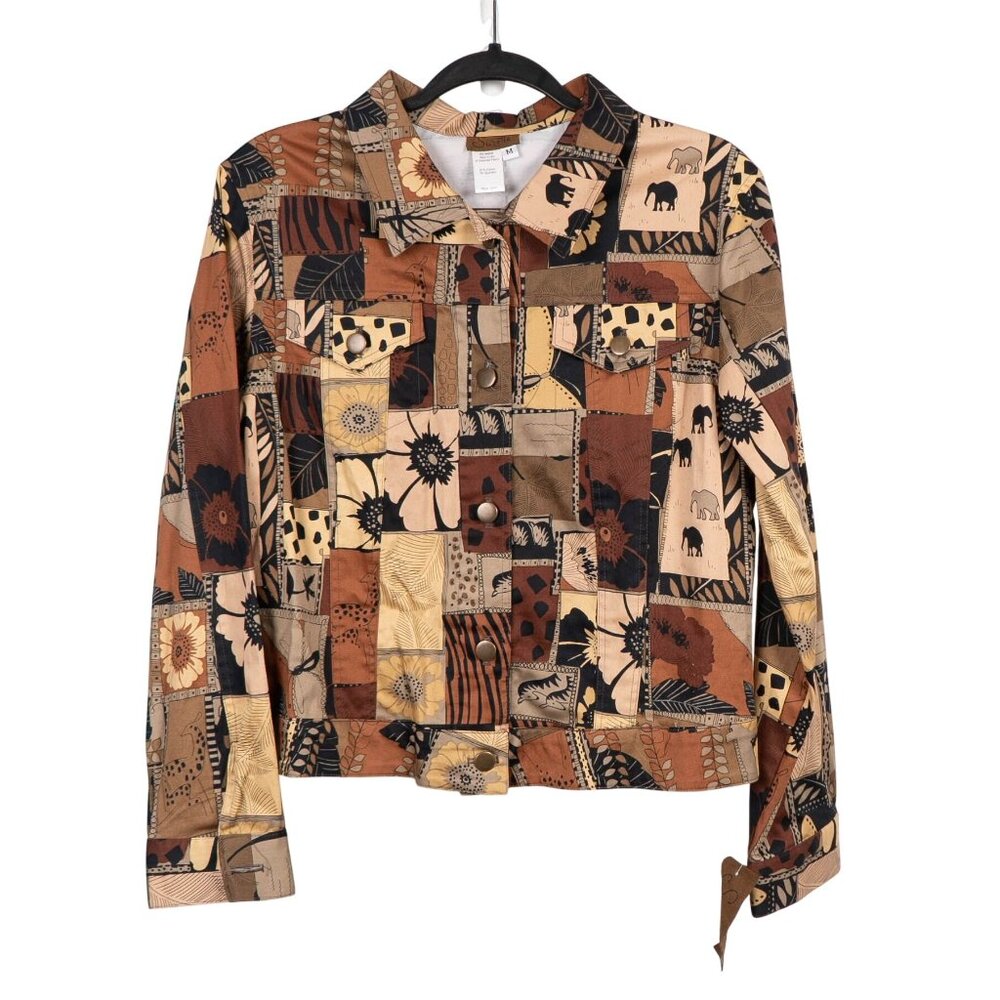 Suzette Safari Button Up Jacket Shirt M New Patchwork Brown Elephant Giraffe
